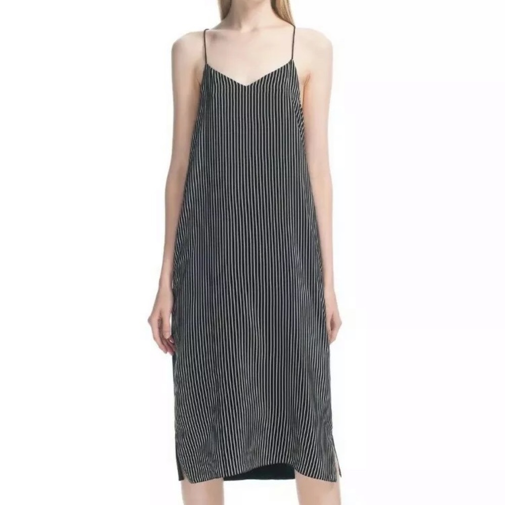 Tibi Silk Slip Midi Cami Dress Black  Stripe Sz 2